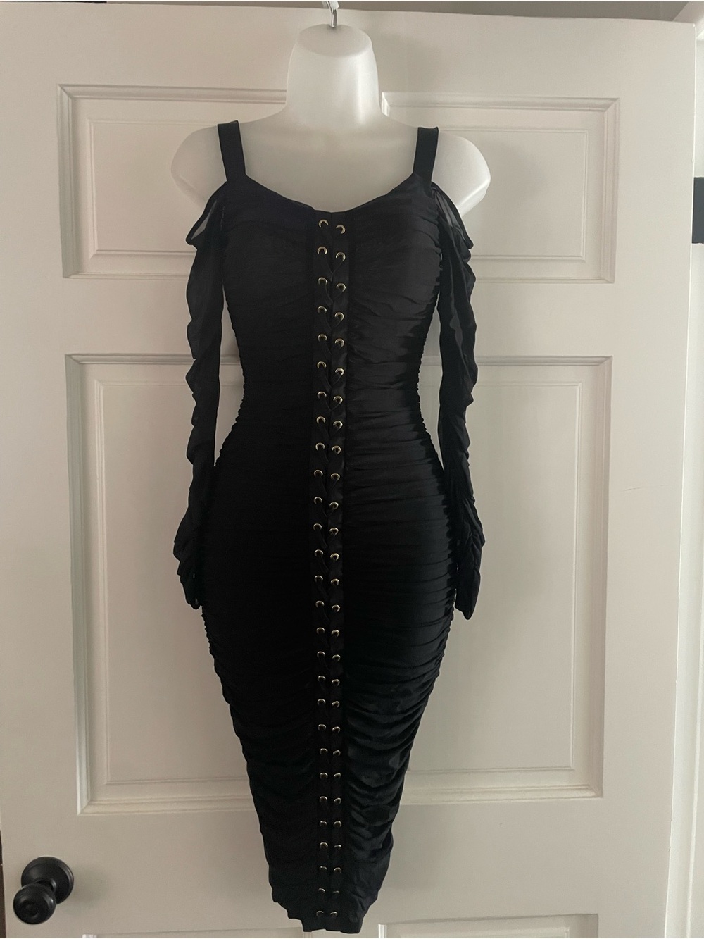 Guess by Marciano Black Ruched Cold-Shoulder Lace-Up Bodycon Dress